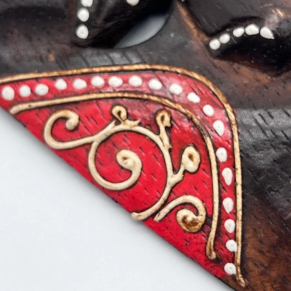 Tiki Mask Hand Carved & Painted Wood Brown Red White Dot Tribal Indonesia Art